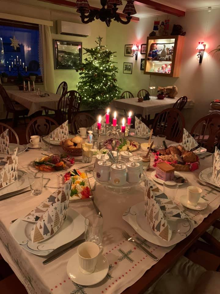 A set long table in the dining room